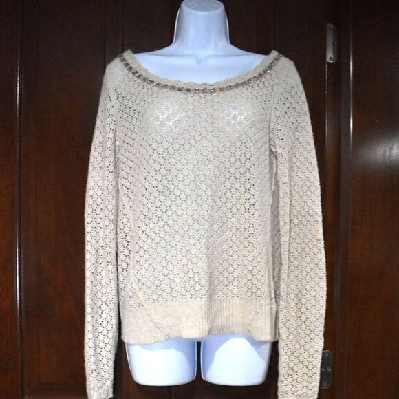 Free People Off White Wool Blend Open Knit Sweater Small Embellished Scoop Neck - Picture 7 of 12